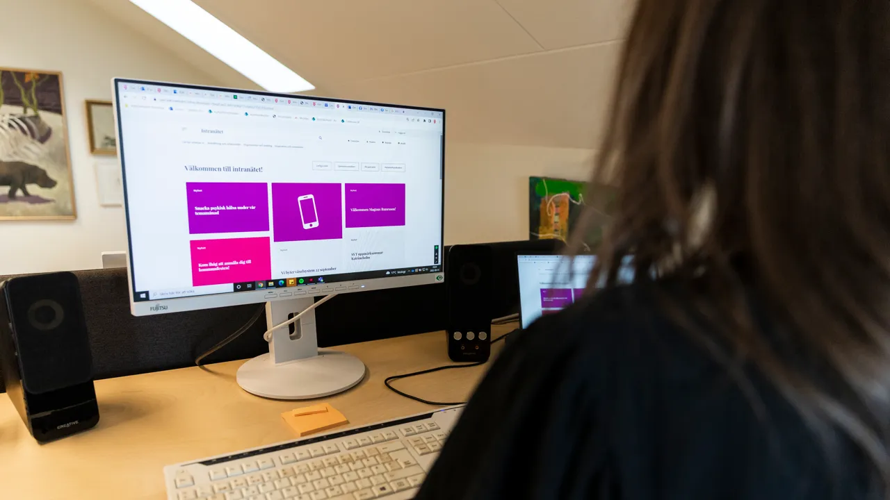 En kvinna som sitter vid ett skrivbord framför en dator.