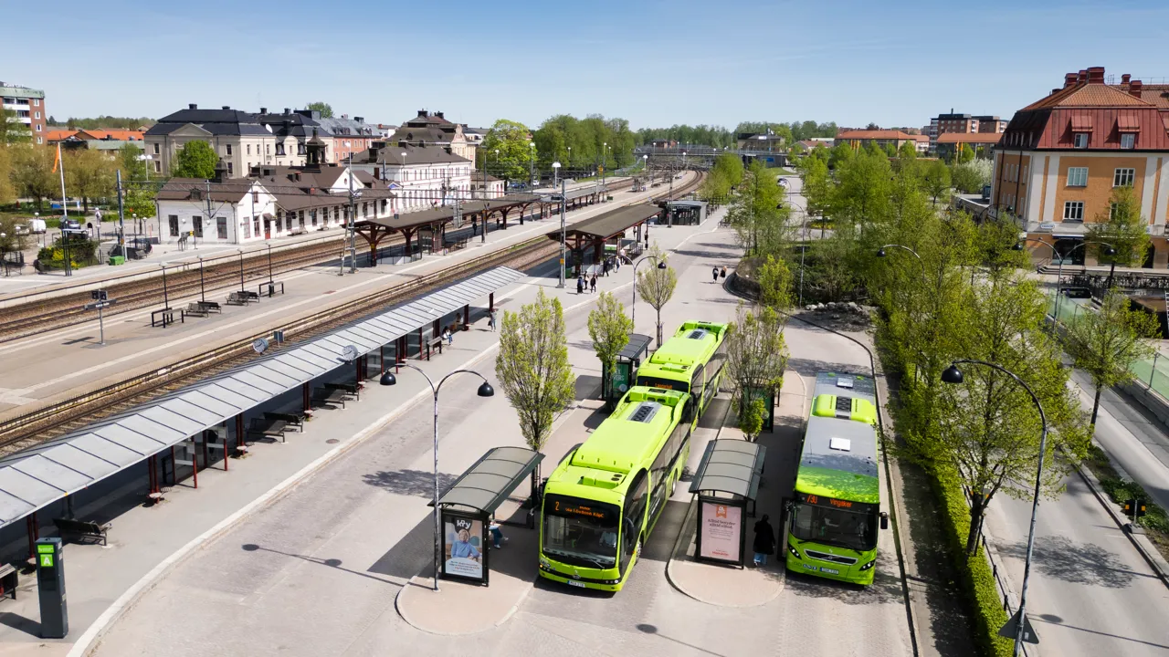 En grupp gröna bussar som står parkerade bredvid varandra.