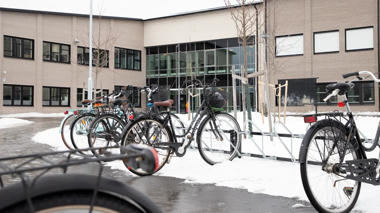 En grupp cyklar som står parkerade framför en byggnad.