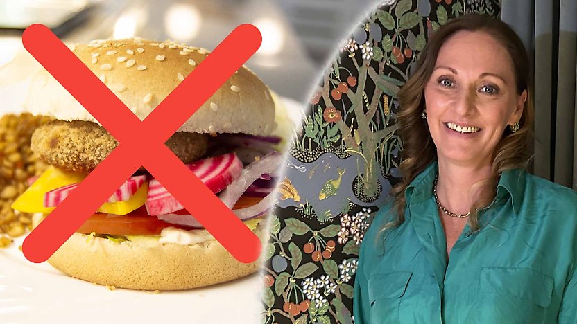 Ett montage med en hamburgare med ett rött kryss över sig samt Linda, alkoholhandläggare.