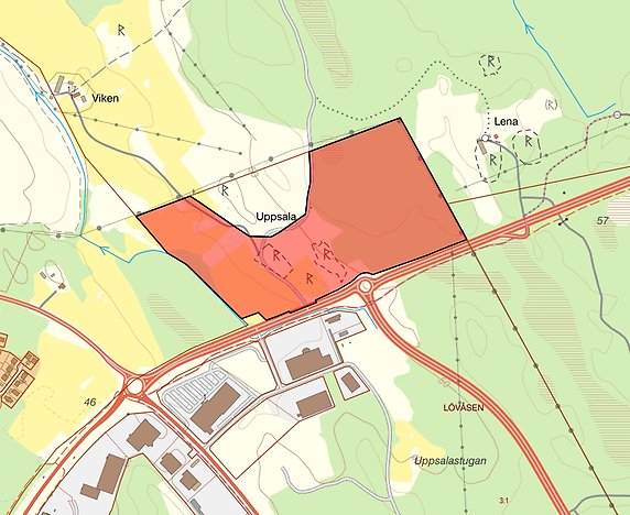 Planområdet för Lövåsen-Uppsala som är beläget precis norr om förbifarten