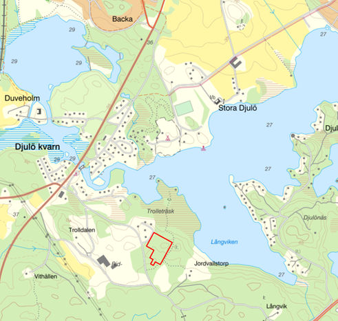 Planområdet för detaljplanen för Trolldalen etapp 2. Planområdesgränsen är markerad med ett rött streck.